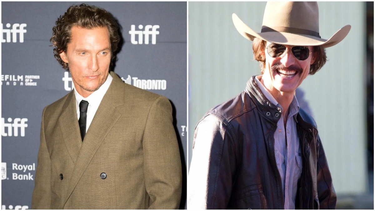 Matthew McConaughey tại TIFF 2025 (trái) so với trong bộ phim Dallas Buyers Club năm 2013 (phải).