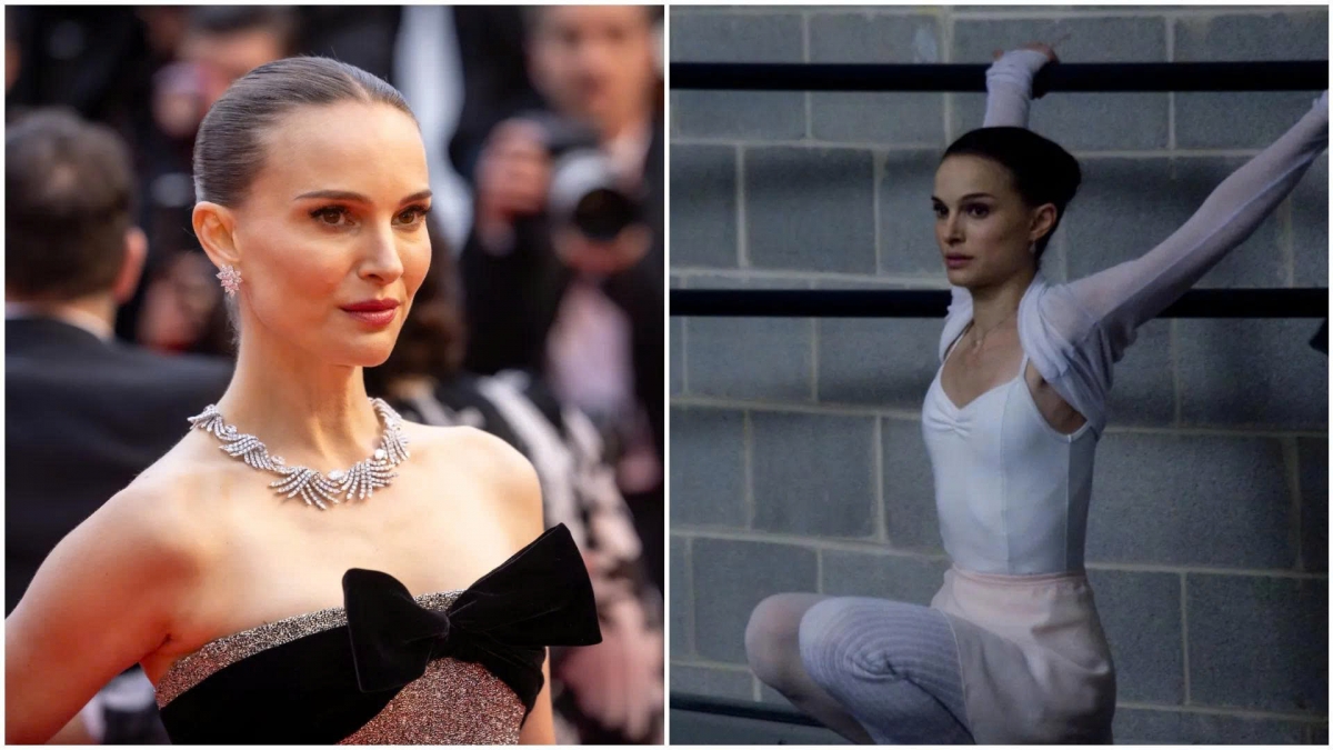 Natalie Portman tại Liên hoan phim Cannes 2025 (trái) so với trong bộ phim Black Swan năm 2010 (phải).