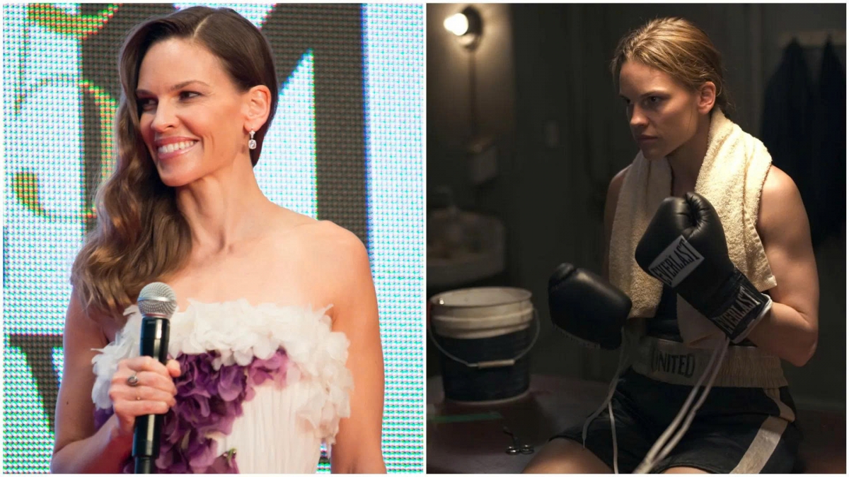 Hilary Swank tại một liên hoan phim vào khoảng năm 2015 (trái) so với trong bộ phim Million Dollar Baby năm 2004.