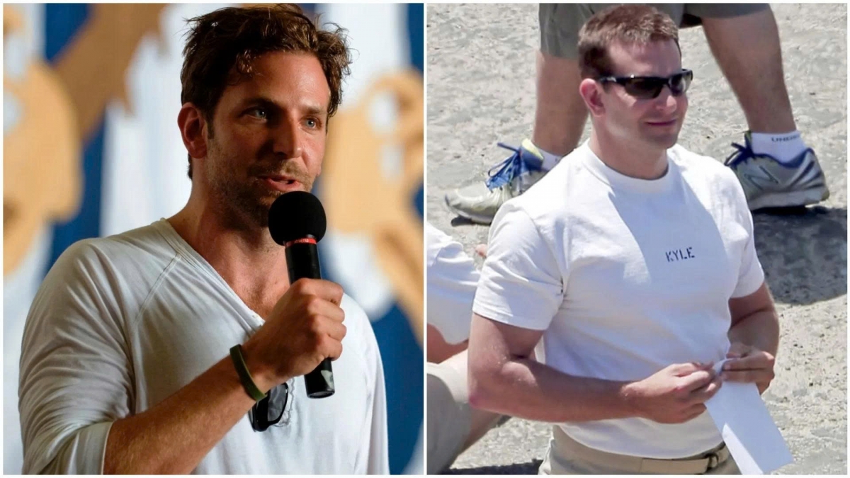 Bradley Cooper năm 2009 tại một sự kiện của Hải quân Hoa Kỳ (trái) và trên phim trường bộ phim American Sniper năm 2014 của anh (phải).