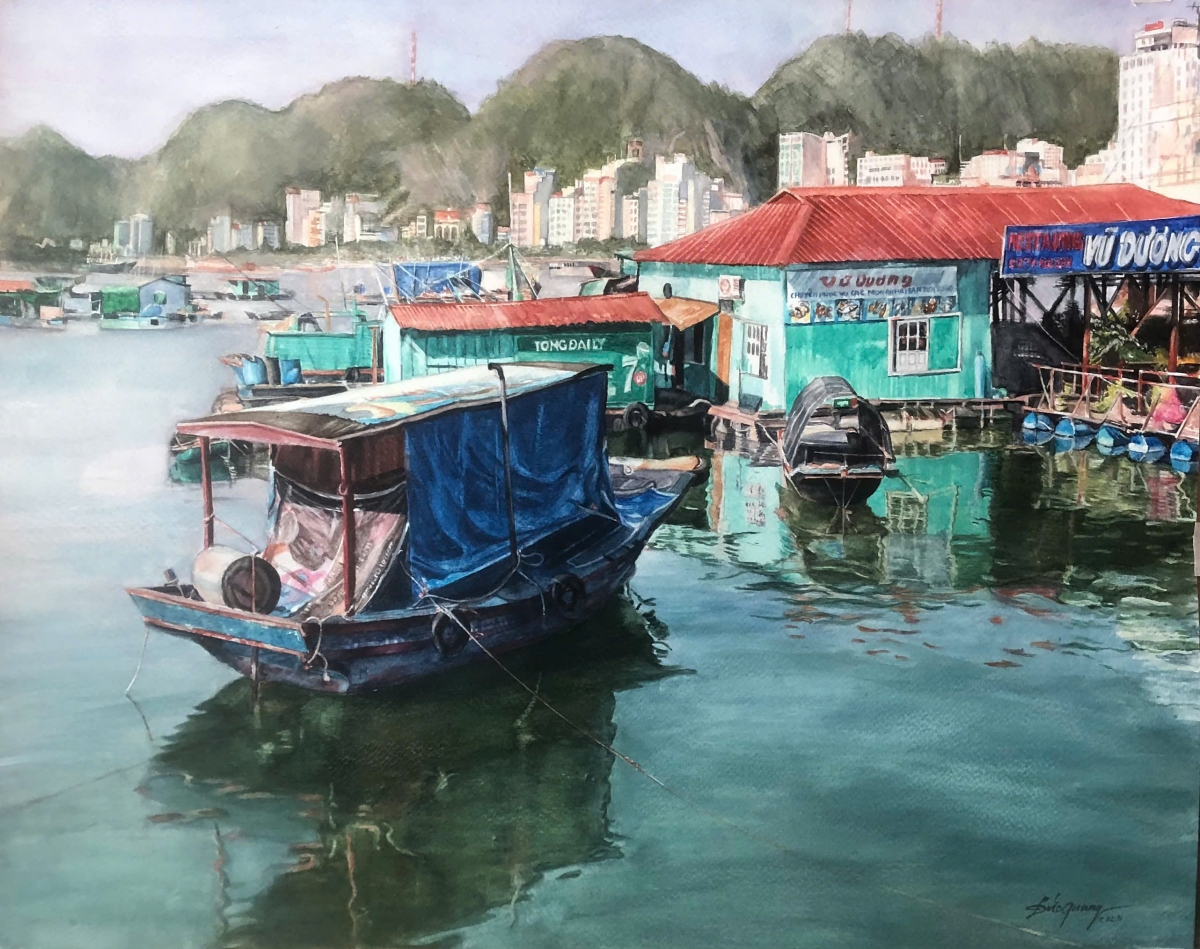 Cảnh biển Hải Phòng trong tranh màu nước của họa sĩ Nguyễn Đức Quang