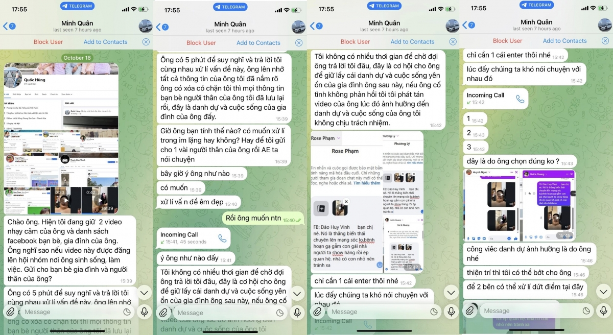 Những tin nhắn tống tiền trực tuyến của đối tượng (Ảnh chụp màn hình)