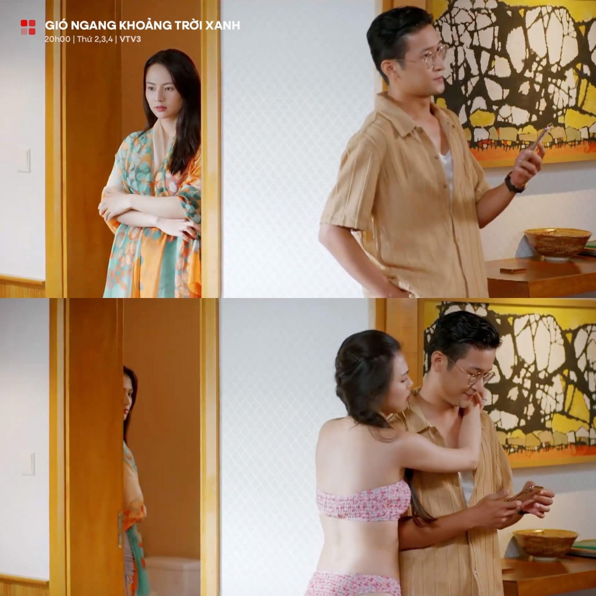 Phân cảnh Ngân (Việt Hoa) phát hiện ra Đại (Trọng Trí) đã có gia đình nhưng vẫn đi chơi cùng cô gái khác trong phim "Gió ngang khoảng trời xanh"