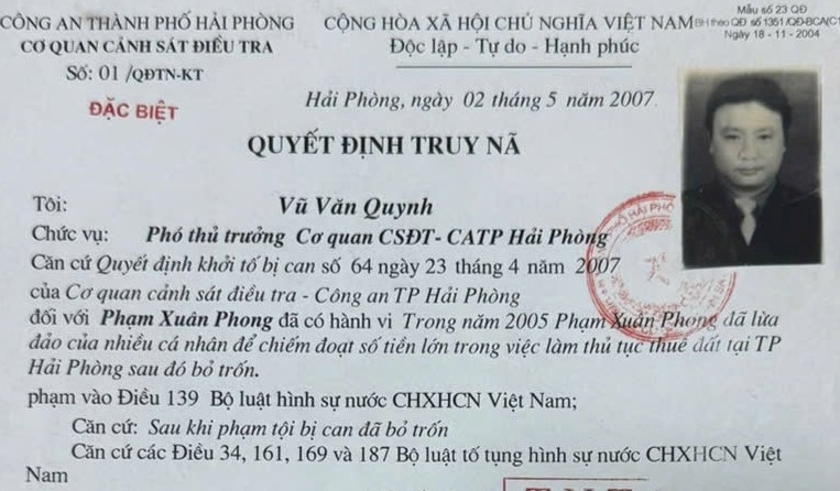 Lệnh truy nã đối tượng Phạm Xuân Phong. Ảnh: Công an Hải Phòng