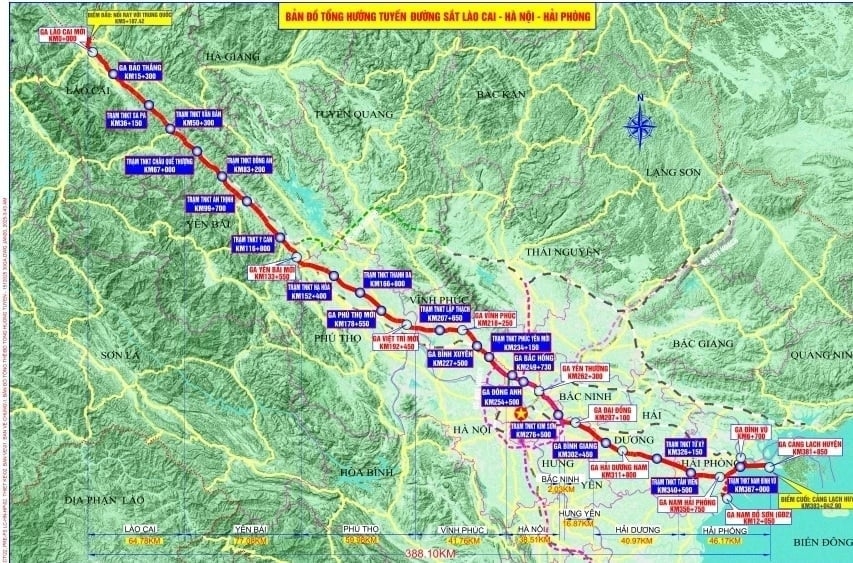 Bản đồ tổng hướng tuyến đường sắt Lào Cai - Hà Nội - Hải Phòng (Ảnh: KT)