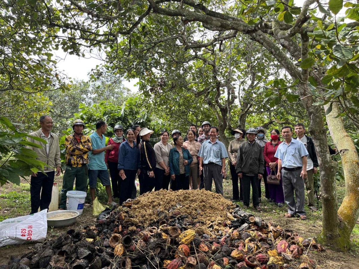 Các nông hộ được hỗ trợ hướng dẫn kỹ thuật xử lý vỏ ca cao thành phân bón - Ảnh: RecoPro