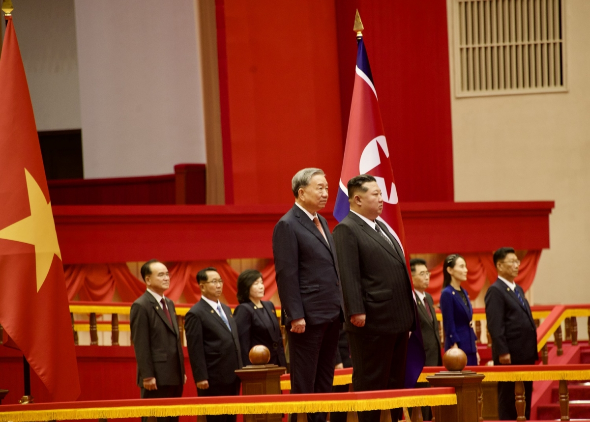 Lễ đón Tổng Bí thư Tô Lâm diễn ra trọng thể tại Cung Thể thao ở Thủ đô Bình Nhưỡng.