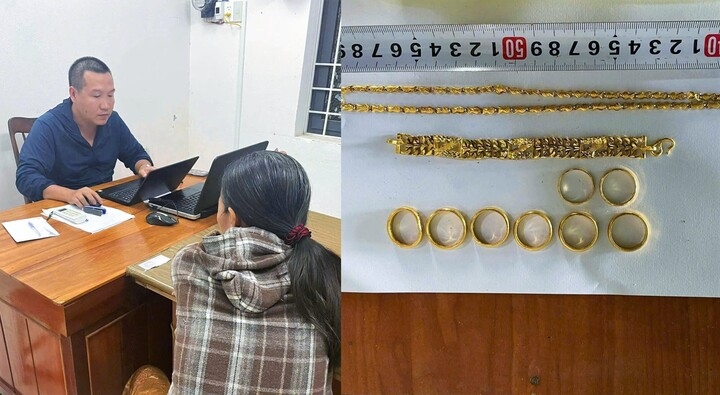 Võ thị Toàn cùng tang vật vụ trộm. (Ảnh: Công an cung cấp)