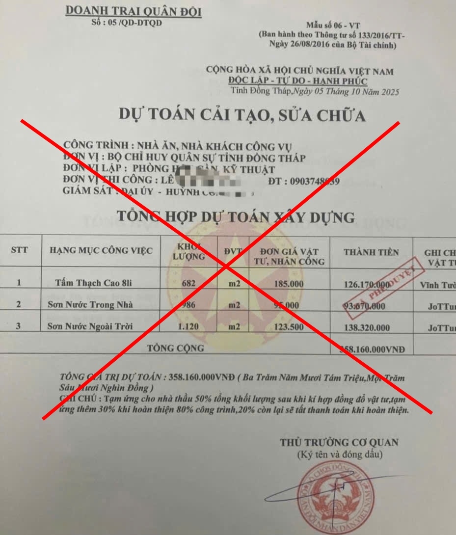 Văn bản mạo danh cơ quan quân sự để lừa đảo