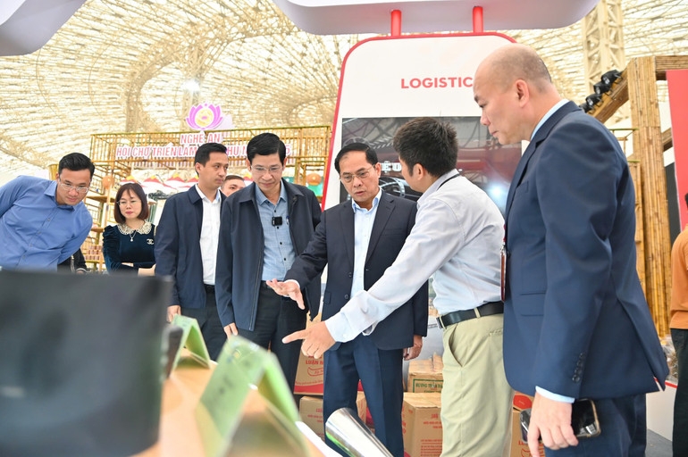 Phó Thủ tướng Bùi Thanh Sơn tham quan một số gian hàng trong hội chợ.