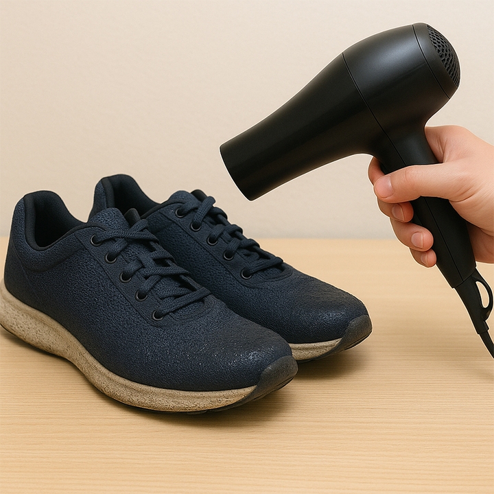 Dùng máy sấy tóc là một trong những mẹo làm khô giày ướt mưa nhanh chóng. (Ảnh: AI)