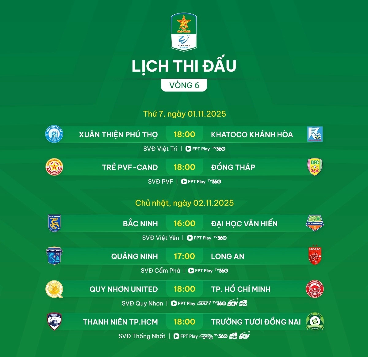 Lịch thi đấu vòng 6 giải Hạng Nhất Quốc gia 2025/2026.