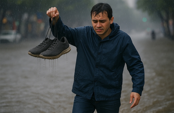 Bạn cần biết mẹo làm khô giày và mẹo khử mùi hôi giày nếu lỡ dính mưa hoặc phải lội nước. (Ảnh minh họa: AI)
