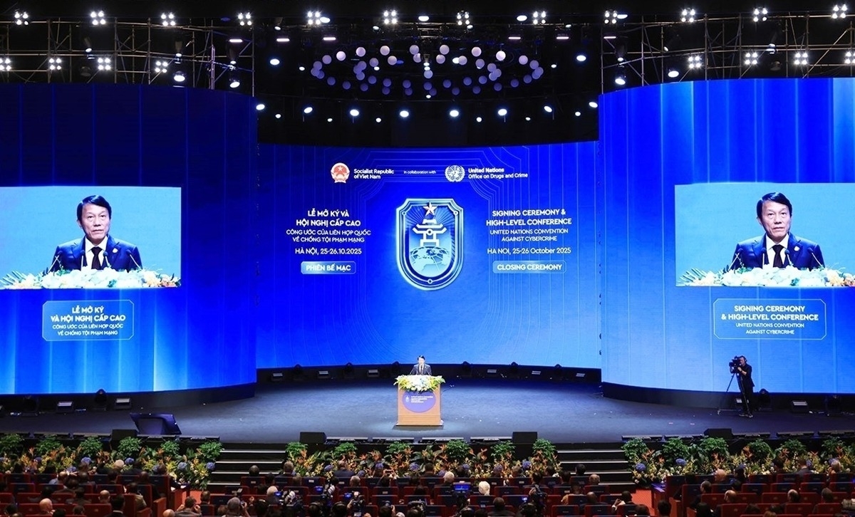 Bộ trưởng Bộ Công an, Đại tướng Lương Tam Quang phát biểu tại phiên bế mạc Lễ mở ký và Hội nghị cấp cao Công ước của Liên Hợp Quốc về chống tội phạm mạng 2025 (Công ước Hà Nội)