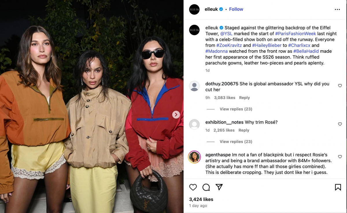 Elle UK vấp phải làn sóng chỉ trích dữ dội sau khi cắt hình ảnh Rosé (BLACKPINK) khỏi một bức ảnh nhóm tại Tuần lễ Thời trang Paris. 
