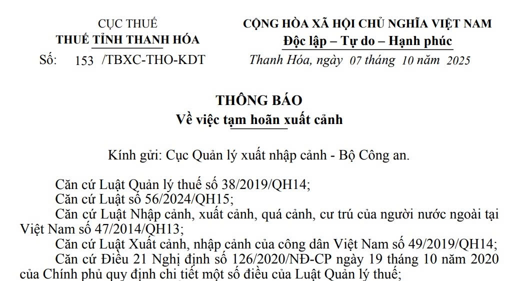 Thuế Thanh Hóa đã phát hành thông báo tạm hoãn xuất cảnh đối với nhiều giám đốc, người đại diện doanh nghiệp