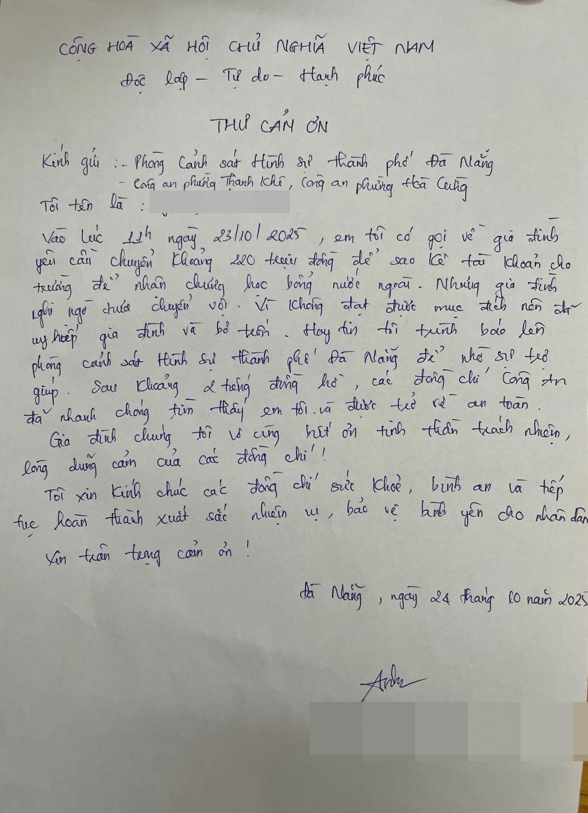 Thư cảm ơn của gia đình nạn nhân gửi lực lượng Công an