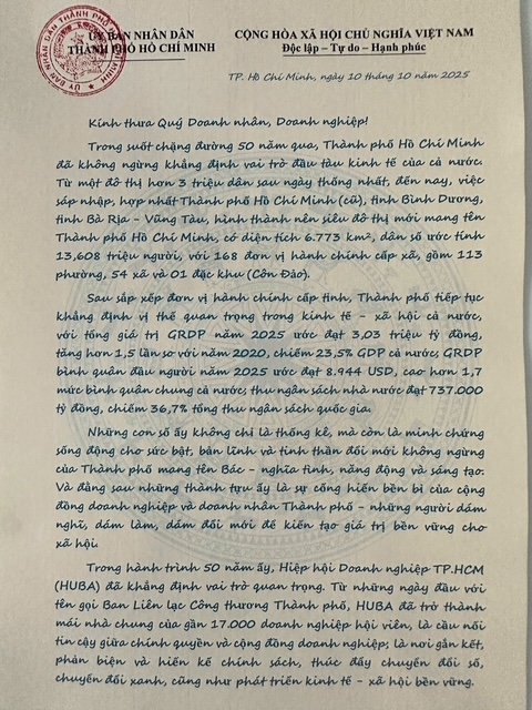 Thư  của ông Nguyễn Văn Được, Chủ tịch UBND TP.HCM gửi thư chúc mừng cộng đồng doanh nhân, doanh nghiệp Thành phố (Ảnh Huba cung cấp)