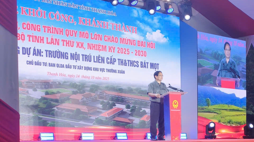 Thủ tướng Phạm Minh Chính phát biểu tại lễ Khởi công Xây dựng Dự án Trường Phổ thông Dân tộc nội trú liên cấp Tiểu học và Trung học cơ sở Bát Mọt, xã Bát Mọt, tỉnh Thanh Hóa.