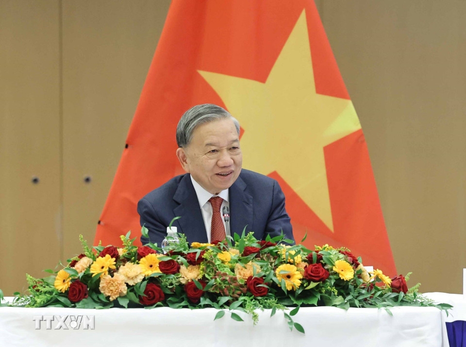 Tổng Bí thư Tô Lâm phát biểu tại buổi tiếp. (Ảnh: TTXVN)