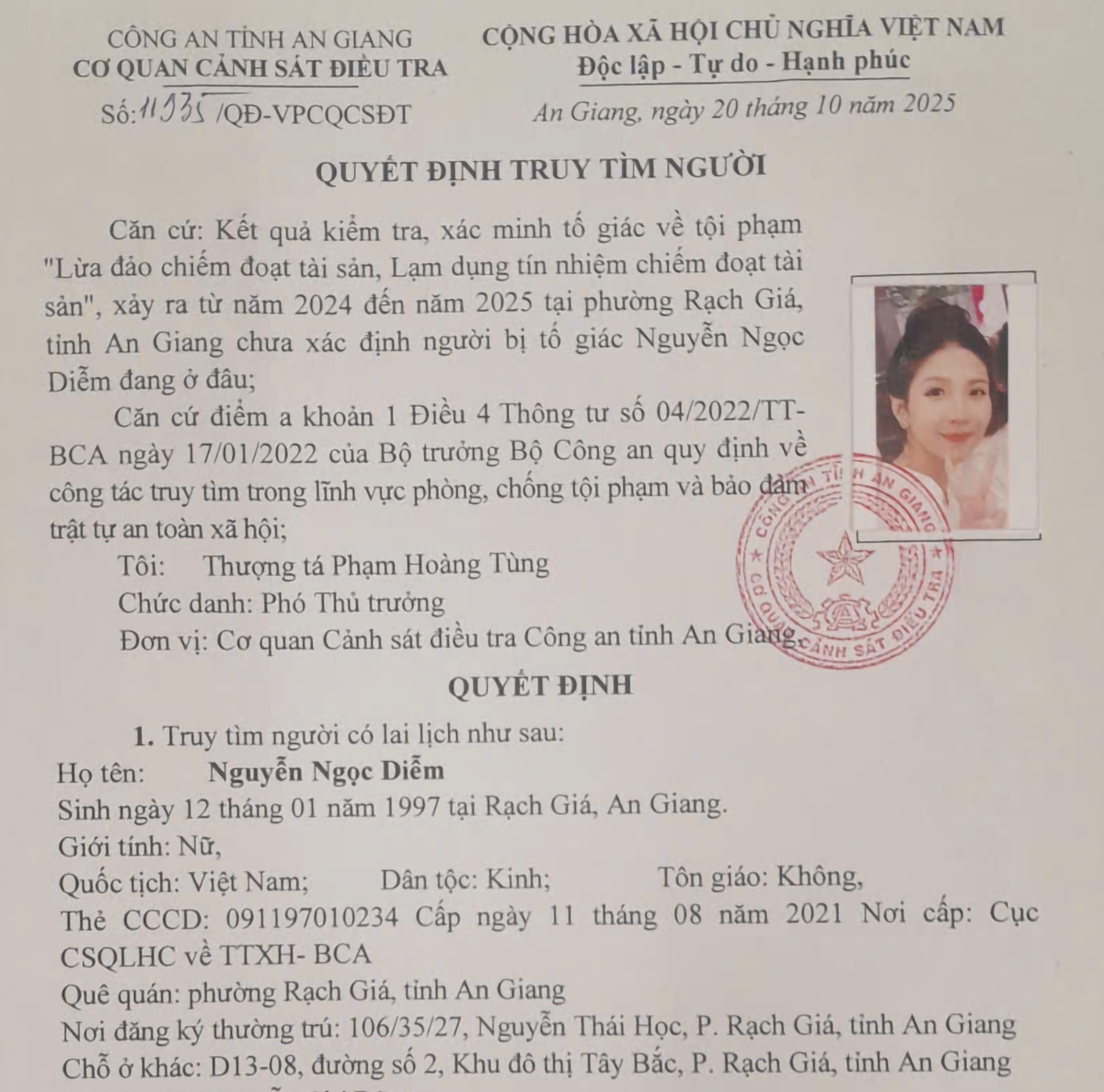 Quyết định của Công an đối với Nguyễn Ngọc Diễm