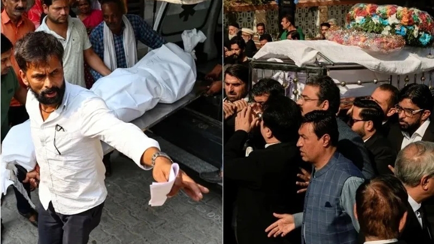 Bên trái: Người dân khiêng thi thể của Pankaj Sahni, người đã thiệt mạng trong vụ nổ ở New Delhi; Bên phải: Các luật sư khiêng quan tài của Zubair Aslam Ghuman, 1 luật sư đã thiệt mạng trong vụ nổ ở Islamabad - Ảnh: Reuters