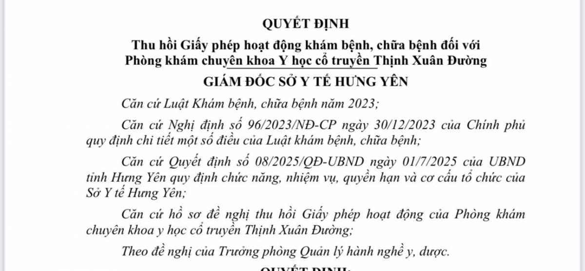 Quyết định thu hồi giấy phép phòng khám bệnh.