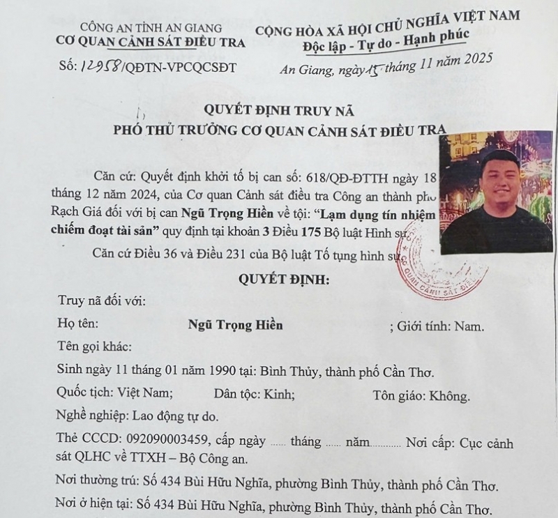 Quyết định truy nã đối với Ngũ Trọng Hiền.