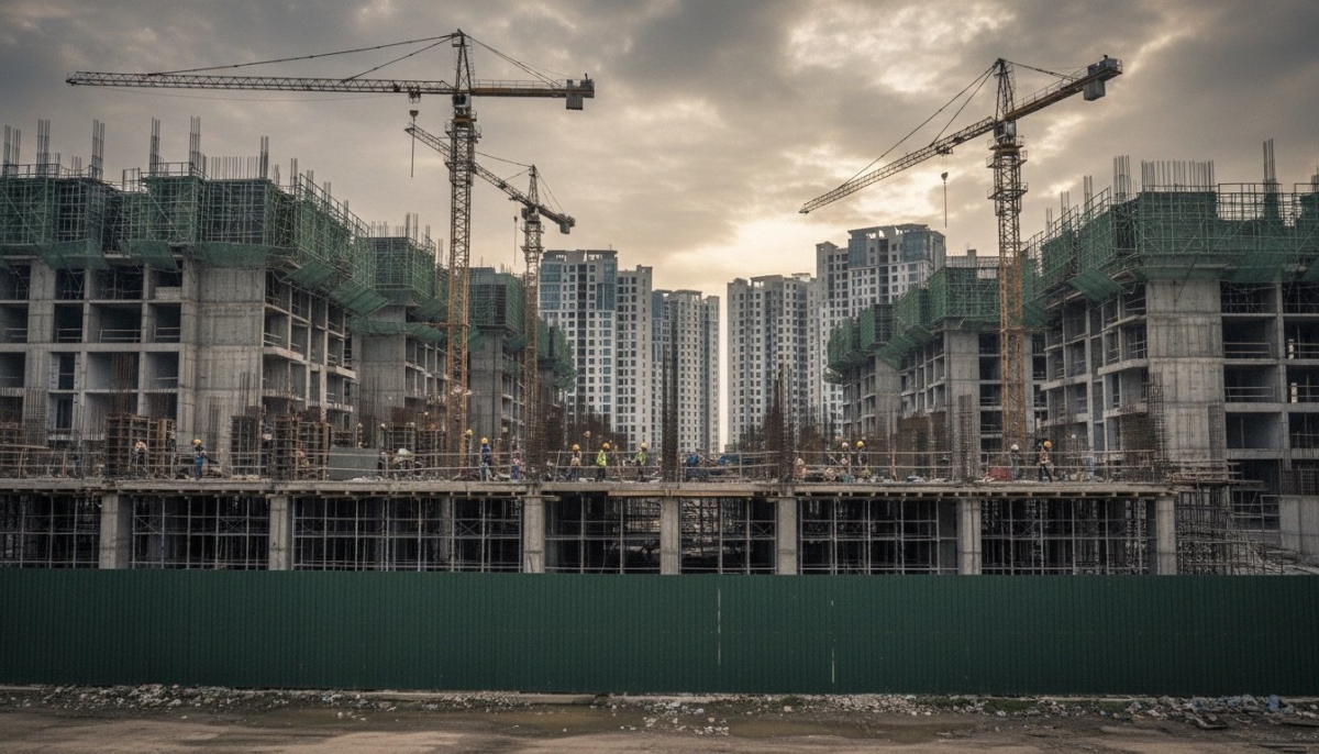 Tiến độ chậm và chi phí tăng cao tại các công trường xây dựng đang góp phần đẩy giá nhà lên mức ngày càng khó tiếp cận (Ảnh minh họa: Google Studio AI)