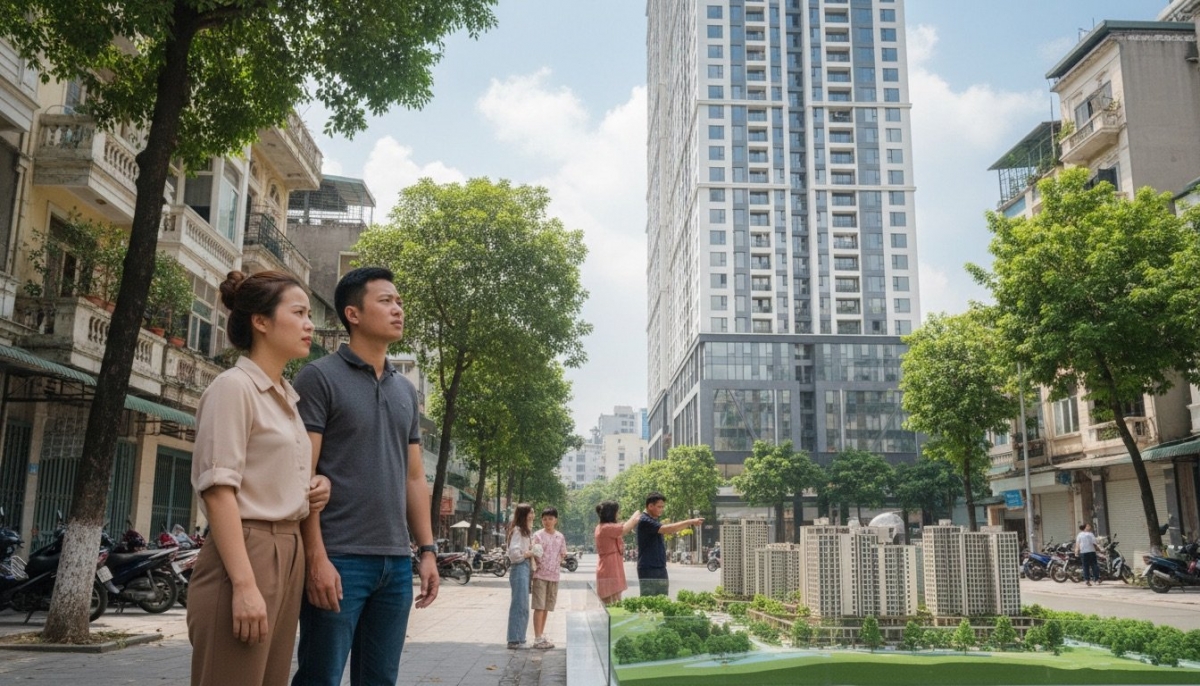 Người trẻ tại Hà Nội khó chạm tới giấc mơ an cư khi giá bán chung cư liên tục leo thang (Ảnh minh họa: Google Studio AI)