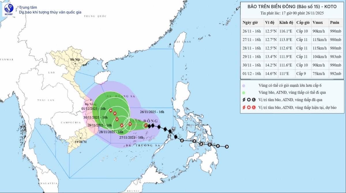 Vị trí và đường đi của bão số 15 lúc 16 giờ ngày 26/11. Ảnh: thoitietvietnam.gov.vn