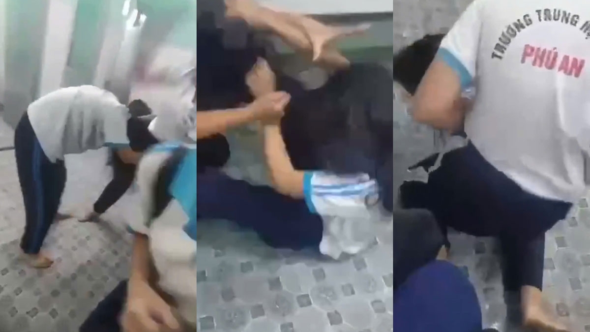 Cảnh hai nữ sinh đánh nhau trong nhà vệ sinh