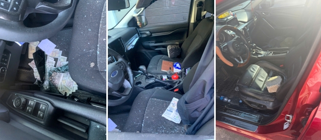 Hình ảnh một số phương tiện bị đối tượng JIANG CHUANGXING đập vỡ kính trộm cắp tài sản