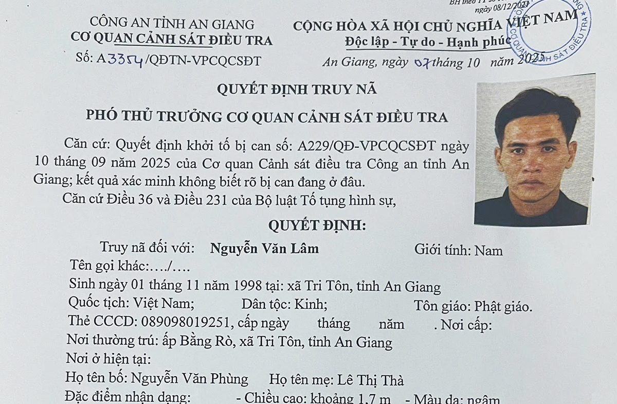 Quyết định truy nã đối với Lâm về tội “Cố ý gây thương tích”.