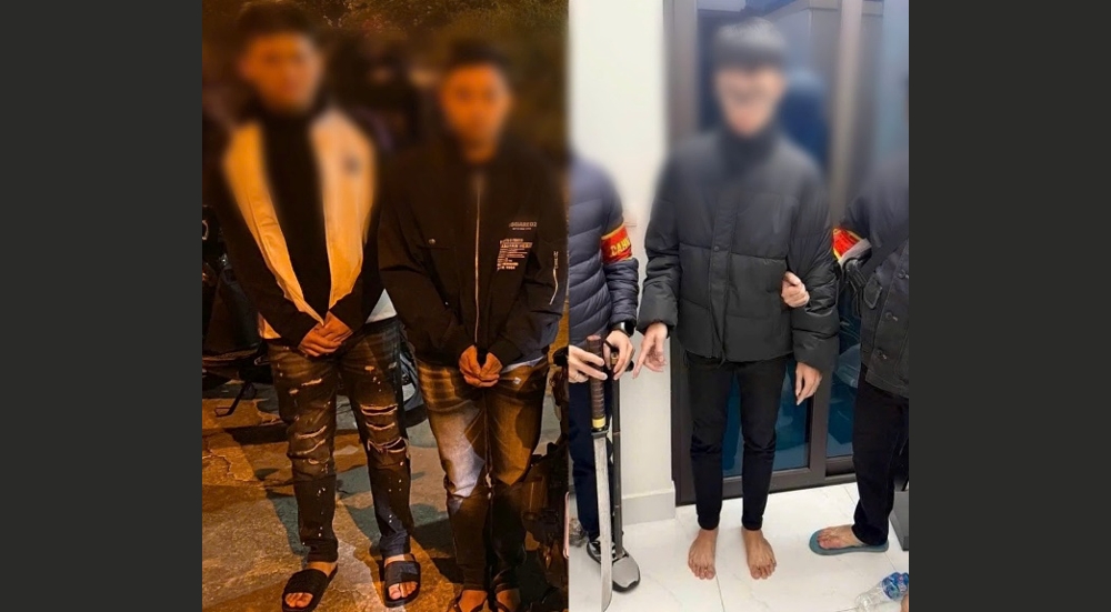 Các đối tượng cùng tang vật thu giữ tại hiện trường