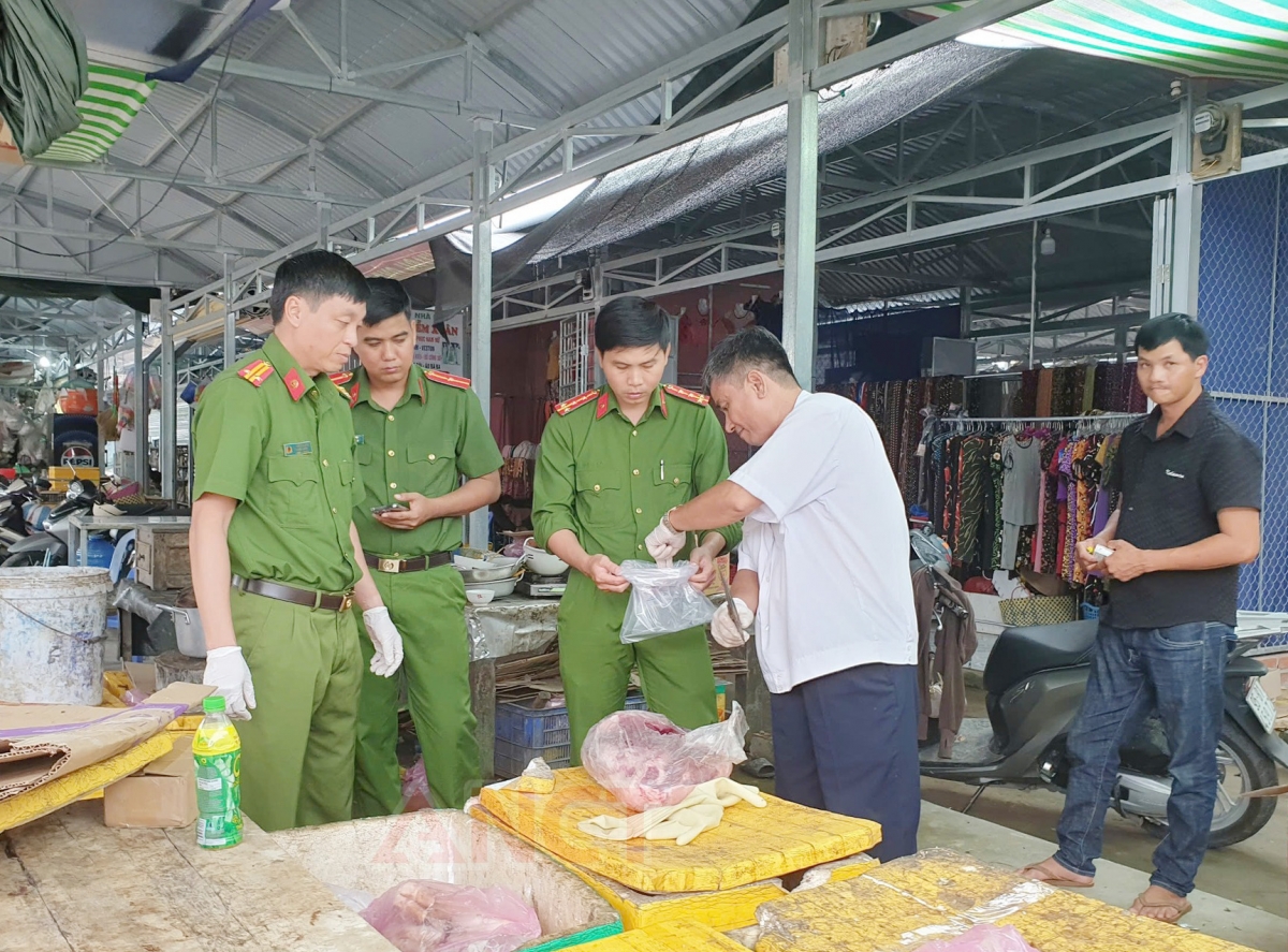Lực lượng công an kiểm tra mẫu, qua kiểm tra dương tính với dịch tả lợn châu Phi (Ảnh: công an cung cấp)