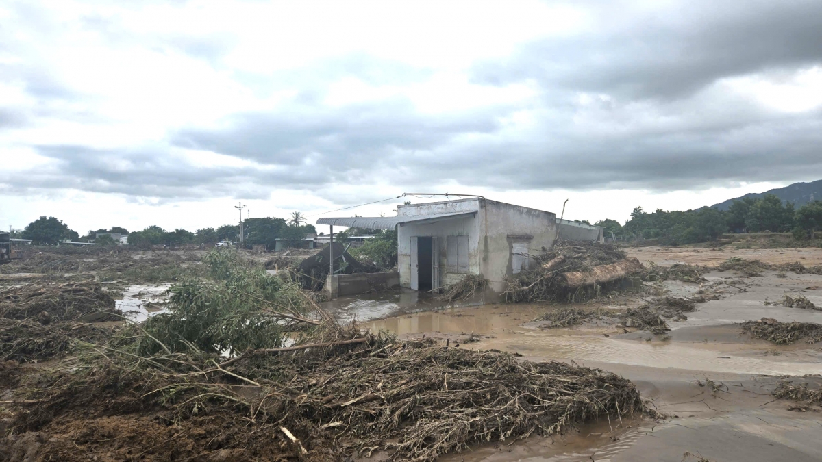 Nhà dân và nhiều diện tích sản xuất ở xã Tuy Phong bị bùn đất, cây cối và nước lũ tràn qua vùi lấp, gây thiệt hại nghiêm trọng sau vụ vỡ hồ chứa nước trên núi
