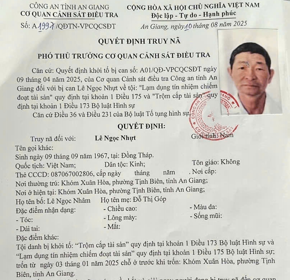 Quyết định truy nã đối với Lê Ngọc Nhựt