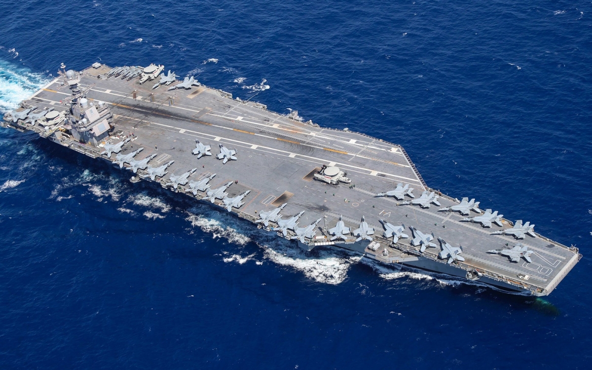 Tàu sân bay Mỹ Gerald R. Ford nhìn từ trên cao. Ảnh: Hải quân Mỹ.