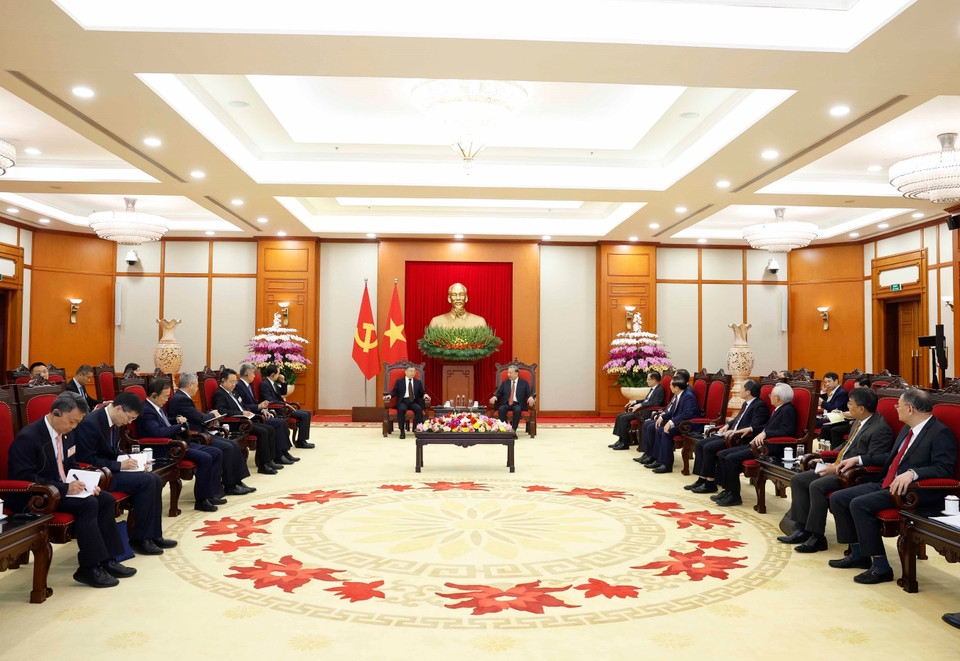 Tổng Bí thư Tô Lâm tiếp Trưởng Ban tuyên truyền trung ương Đảng Cộng sản Trung Quốc  (Ảnh:Thống Nhất/TTXVN)