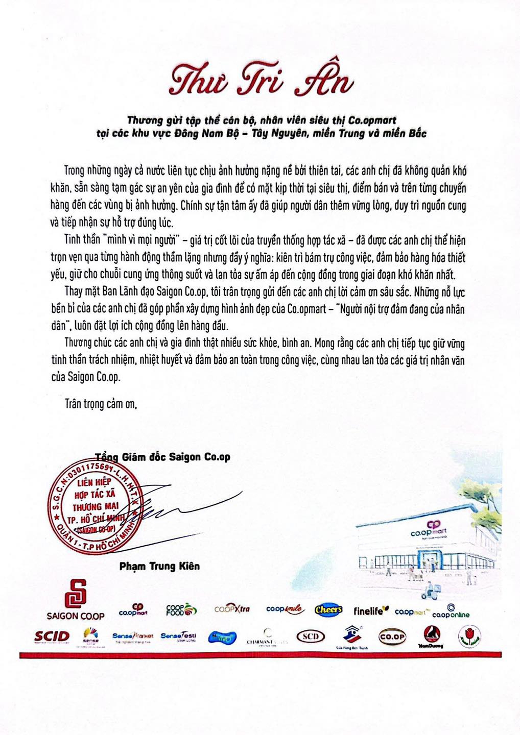 Tổng Giám đốc Saigon Co.op gửi thư động viên tinh thần, ghi nhận cống hiến của tập thể cán bộ, nhân viên miền Trung - Tây Nguyên