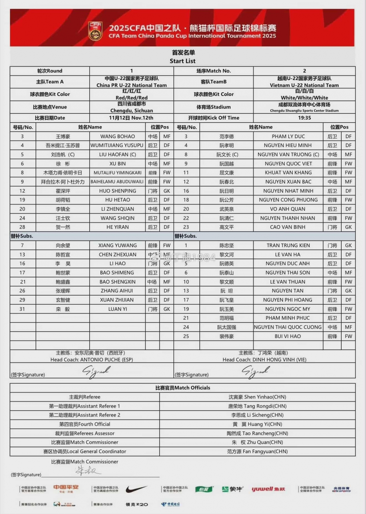 Đội hình xuất phát của 2 đội. (Ảnh: Weibo). 