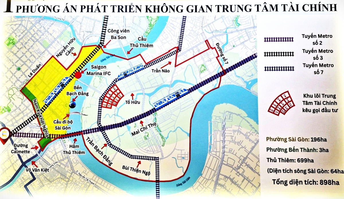Không gian IFC tại TP.HCM bao gồm Khu đô thị mới Thủ Thiêm, phường Sài Gòn, phường Bến Thành (Quận 1 cũ) và khu vực sông Sài Gòn. (Ảnh: Sở Tài chính TP.HCM)