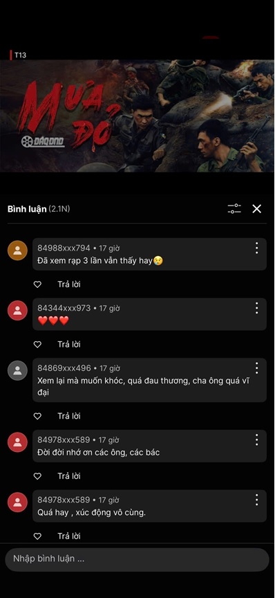 Khán giả bình luận sau khi xem phim Mưa đỏ trên TV360