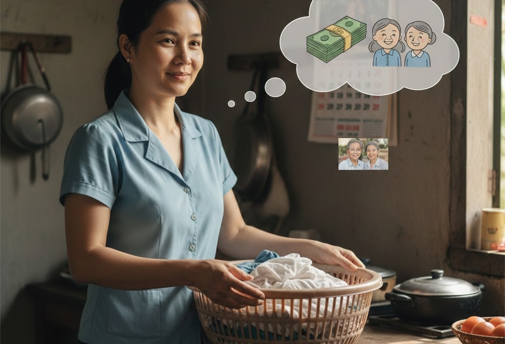 Đằng sau dáng vẻ bình thản, vui vẻ mỗi ngày là một nỗi lo rất thực tế của người phụ nữ đi làm thuê để lo cho cha mẹ (ảnh minh họa: AI)