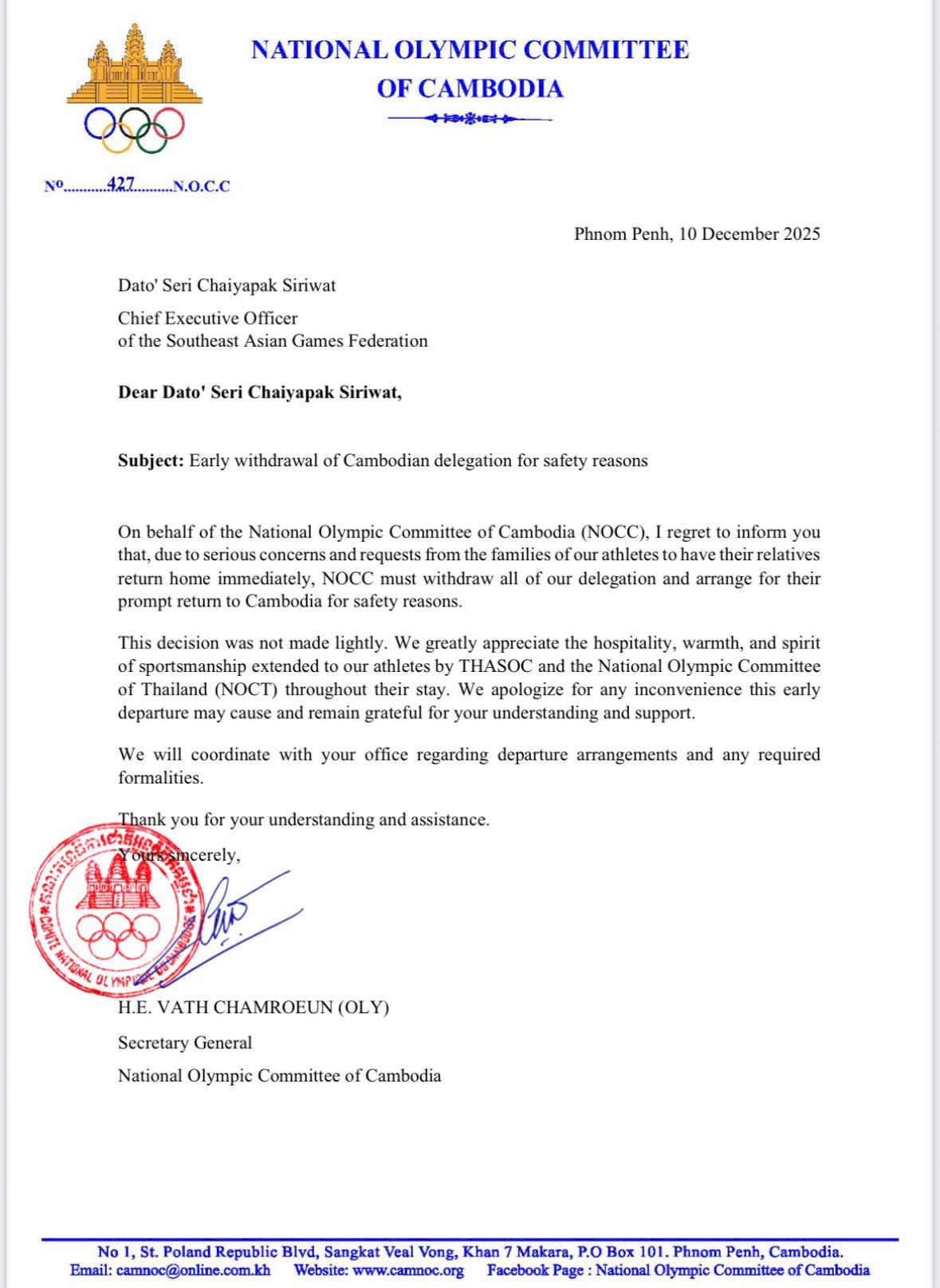 Văn bản thông báo rút khỏi SEA Games 33 của đoàn thể thao Campuchia