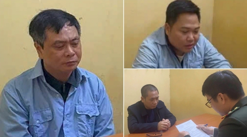 Hiệu trưởng trường Cao đẳng Du lịch Hà Nội - Phạm Văn Long (ngoài cùng bên trái) và các bị can.