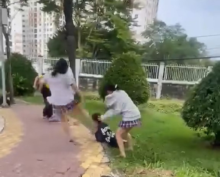 Hình ảnh 2 nữ sinh bị bạn cùng trường hành hung dã man ở TPHCM. (Ảnh cắt từ clip)