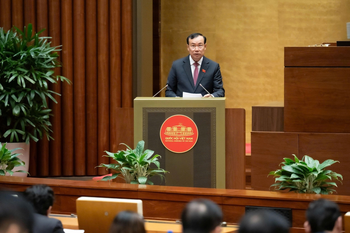 Chủ nhiệm Ủy ban Quốc phòng, An ninh và Đối ngoại Lê Tấn Tới đọc tờ trình (Ảnh: Quốc hội)