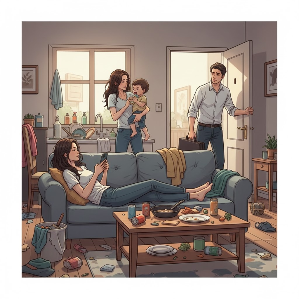 Em vợ nằm xem điện thoại, còn vợ tôi tất bật nấu ăn, tắm cho con, dọn dẹp... (ảnh minh hoạ: AI)